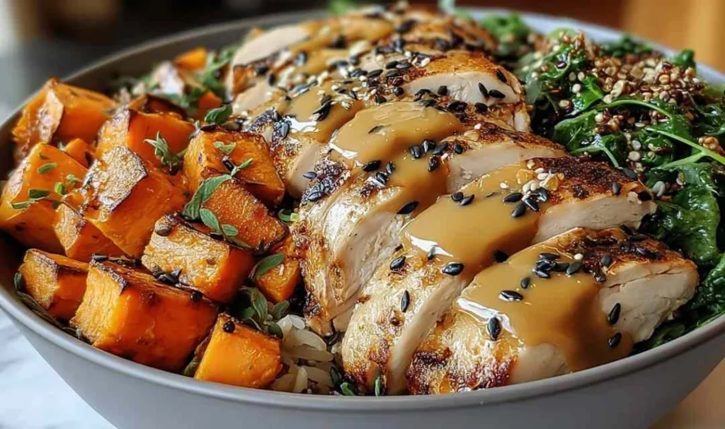 Maple Dijon chicken sweet potato bowls in a white baking dish with golden glaze