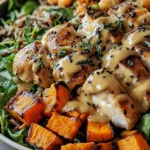 Maple Dijon chicken sweet potato bowls in a white baking dish with golden glaze