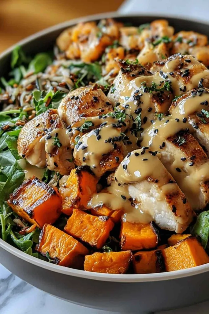 Maple Dijon chicken sweet potato bowls in a white baking dish with golden glaze