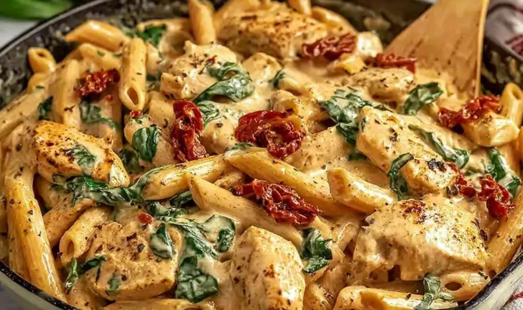 A bowl of creamy Marry Me Chicken Pasta with sun-dried tomatoes and basil.