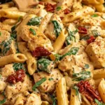 A bowl of creamy Marry Me Chicken Pasta with sun-dried tomatoes and basil.