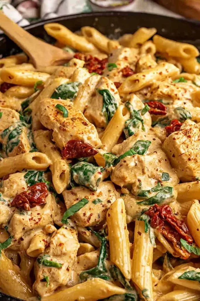 A bowl of creamy Marry Me Chicken Pasta with sun-dried tomatoes and basil.