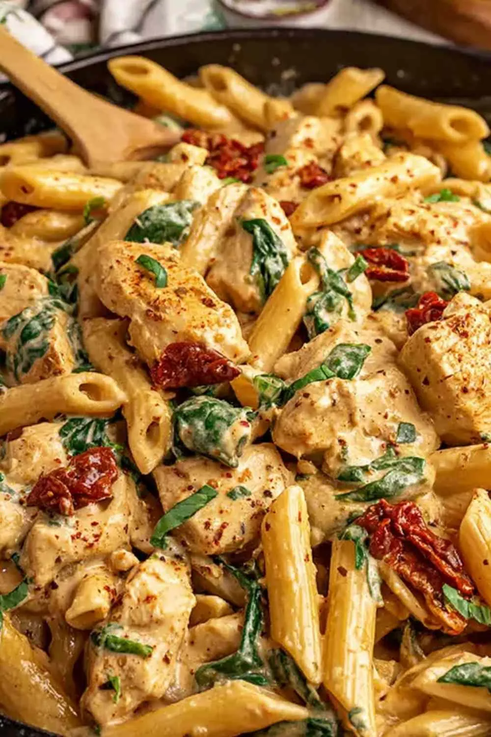 A bowl of creamy Marry Me Chicken Pasta with sun-dried tomatoes and basil.