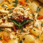 marry me chicken soup in a white Dutch oven with Parmesan and fresh basil