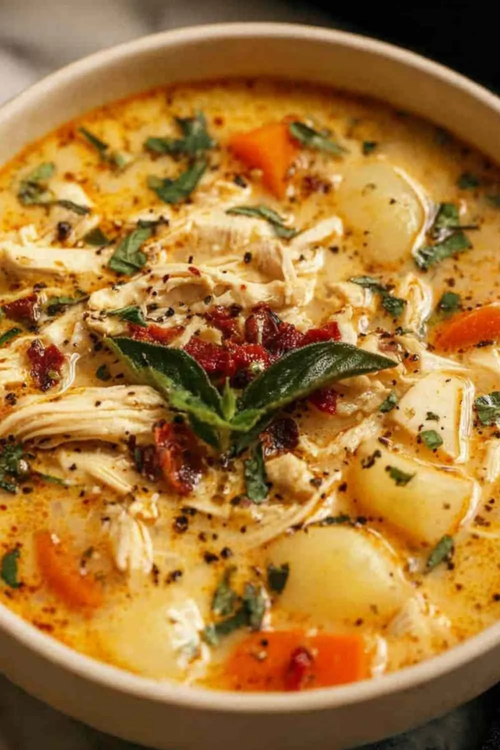 marry me chicken soup in a white Dutch oven with Parmesan and fresh basil