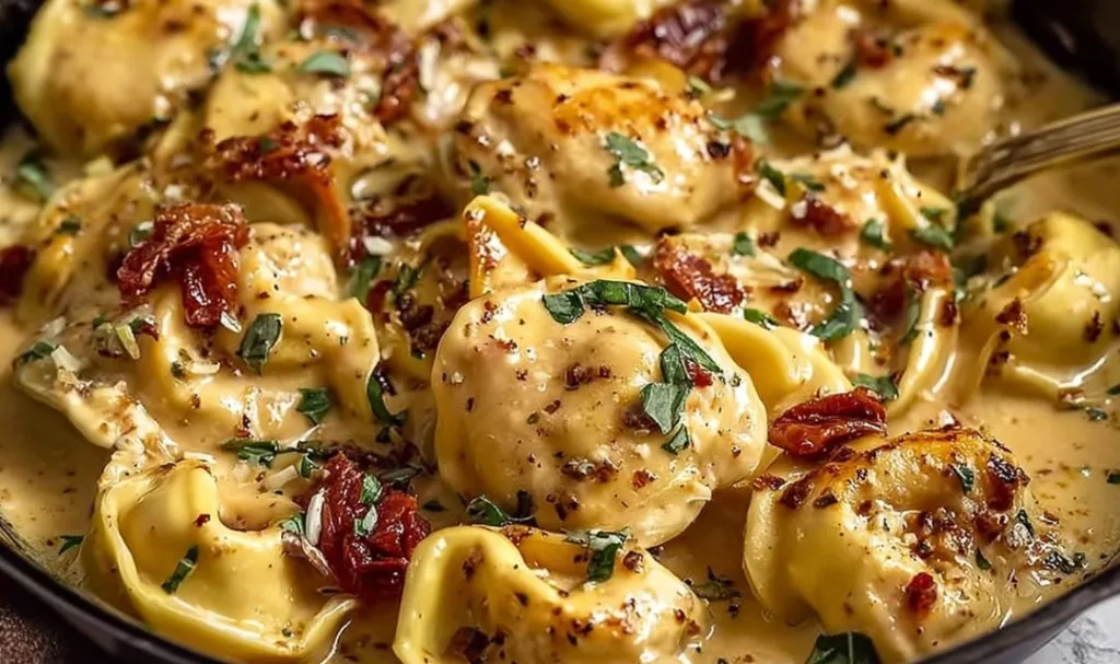 Marry Me Chicken Tortellini in a cast iron skillet with creamy sauce