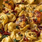 Marry Me Chicken Tortellini in a cast iron skillet with creamy sauce