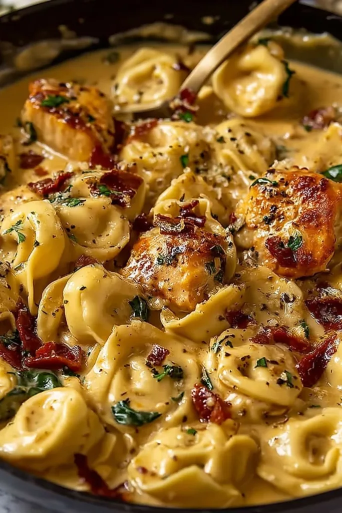 Marry Me Chicken Tortellini in a cast iron skillet with creamy sauce