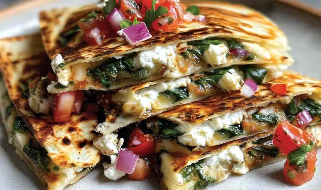 Mediterranean quesadillas with spinach feta mozzarella and red onion on a white plate