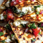 Mediterranean quesadillas with spinach feta mozzarella and red onion on a white plate