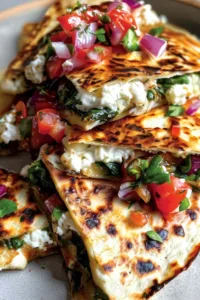Mediterranean quesadillas with spinach feta mozzarella and red onion on a white plate