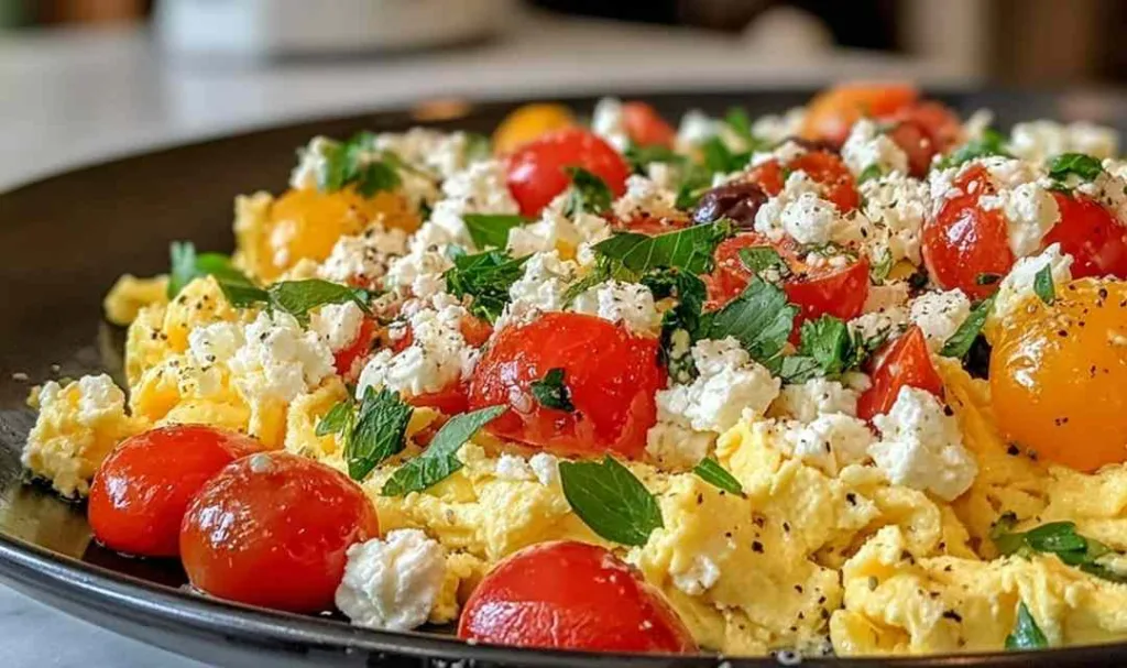 Mediterranean Scrambled Eggs in a cast iron skillet with feta and tomatoes