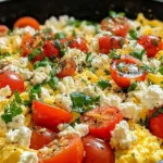 Mediterranean Scrambled Eggs in a cast iron skillet with feta and tomatoes