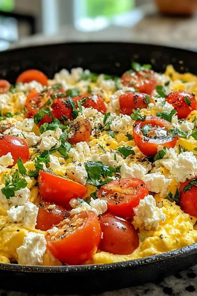 Mediterranean Scrambled Eggs in a cast iron skillet with feta and tomatoes