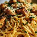 A creamy skillet of Monterey Chicken Spaghetti topped with melted cheese and parsley.