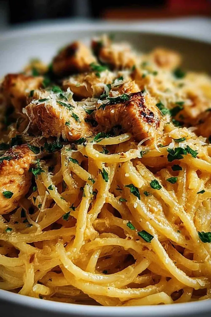A creamy skillet of Monterey Chicken Spaghetti topped with melted cheese and parsley.