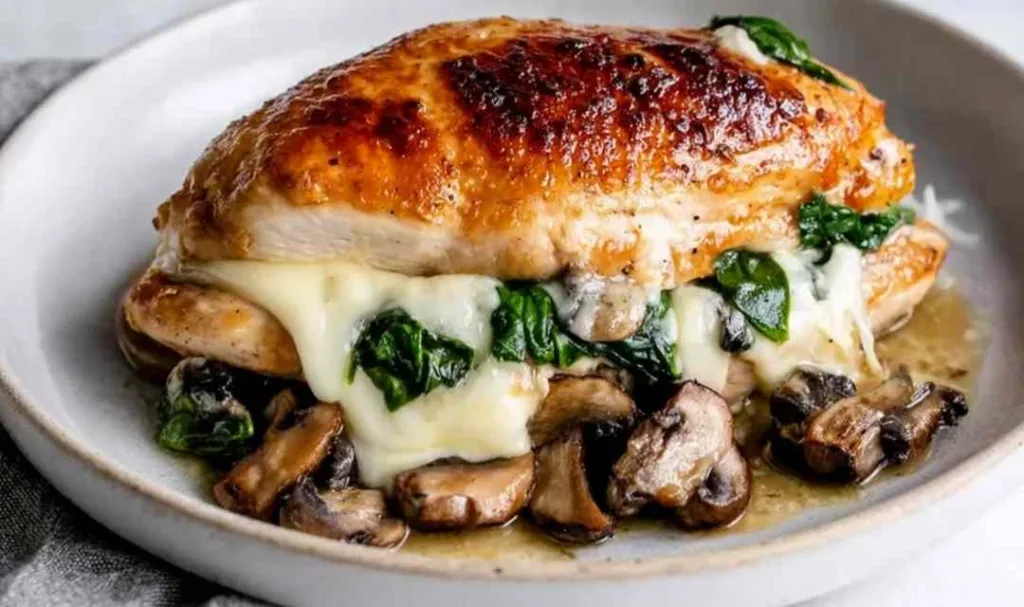 Mushroom stuffed chicken breast sliced open showing melted mozzarella and golden mushroom filling