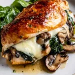 Mushroom stuffed chicken breast sliced open showing melted mozzarella and golden mushroom filling