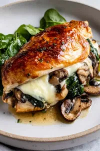 Mushroom stuffed chicken breast sliced open showing melted mozzarella and golden mushroom filling