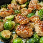 Honey garlic chicken Brussels sprouts skillet with sesame seeds and green onions in a cast iron pan