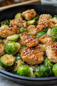 Honey garlic chicken Brussels sprouts skillet with sesame seeds and green onions in a cast iron pan