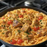 One Pot Cajun Chicken Alfredo Orzo in a skillet with Parmesan cheese.