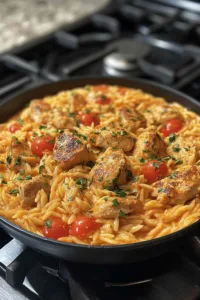 One Pot Cajun Chicken Alfredo Orzo in a skillet with Parmesan cheese.