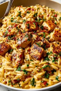 A white bowl filled with creamy One Pot Cajun Chicken Alfredo Orzo topped with sliced chicken and parsley.