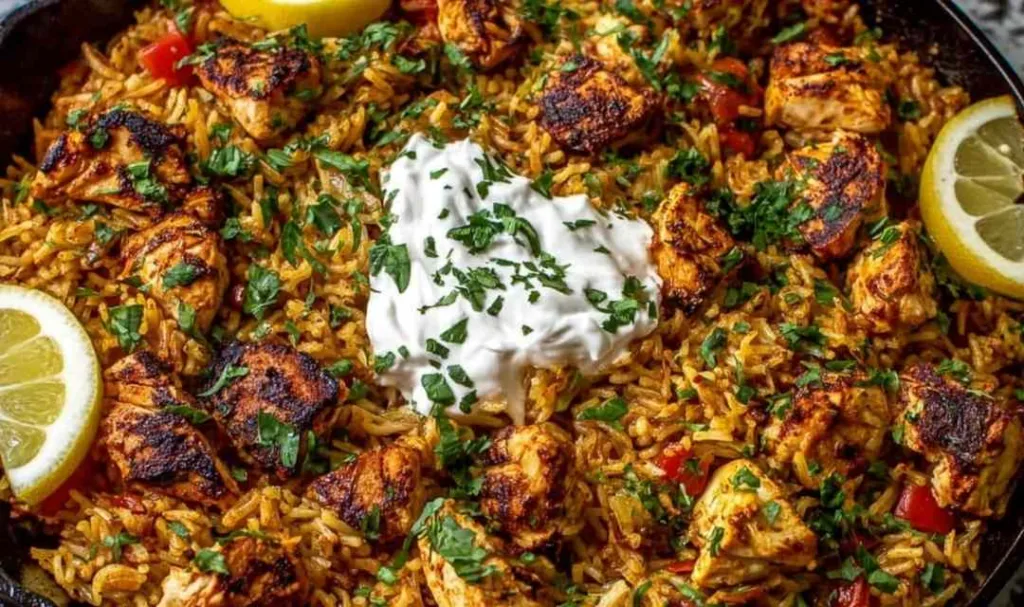 One Pot Chicken Shawarma Rice served in a white bowl with parsley garnish.
