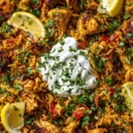 One Pot Chicken Shawarma Rice served in a white bowl with parsley garnish.