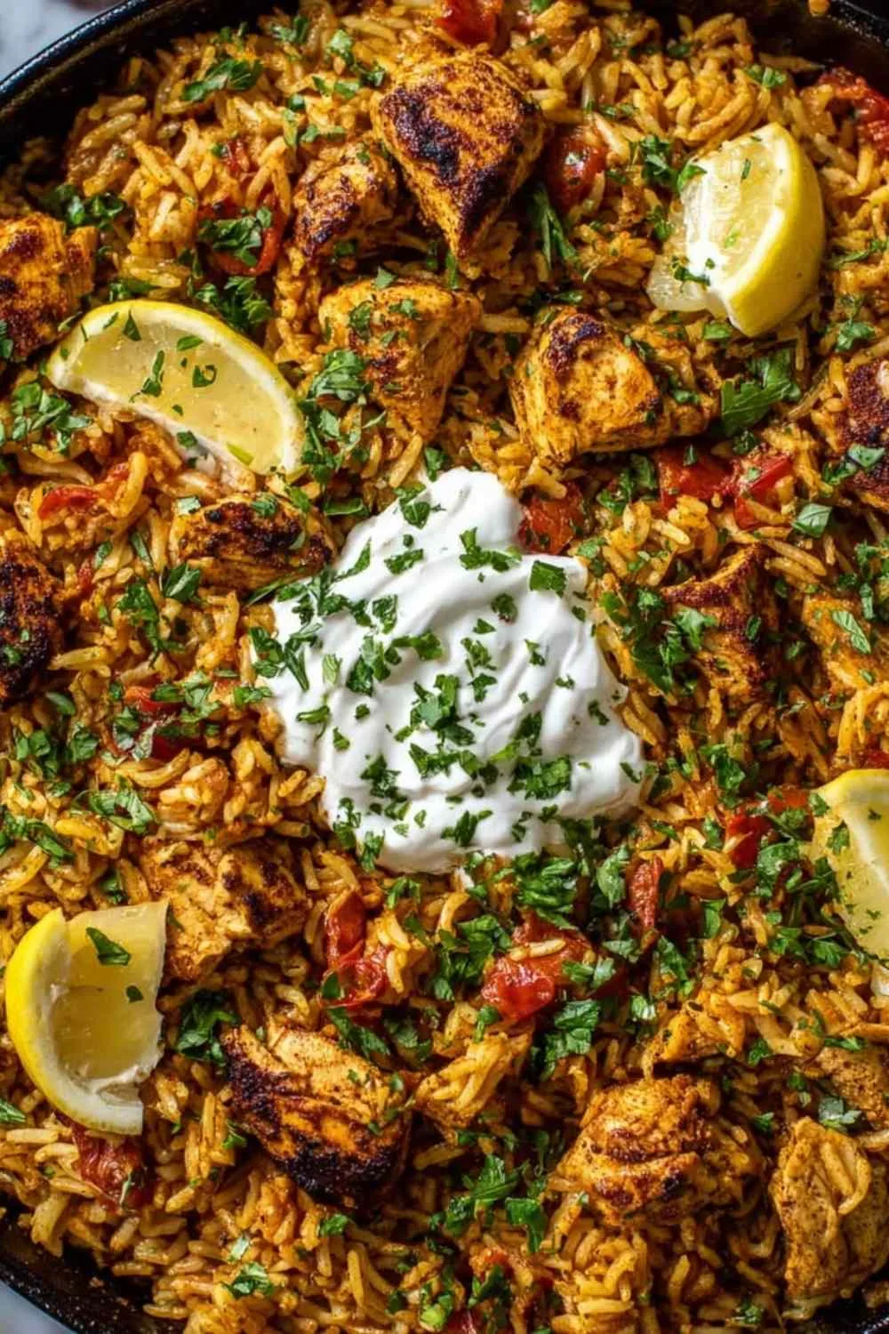 One Pot Chicken Shawarma Rice served in a white bowl with parsley garnish.