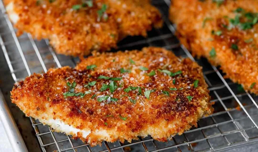 Golden brown Panko Crusted Chicken Breasts on a white plate