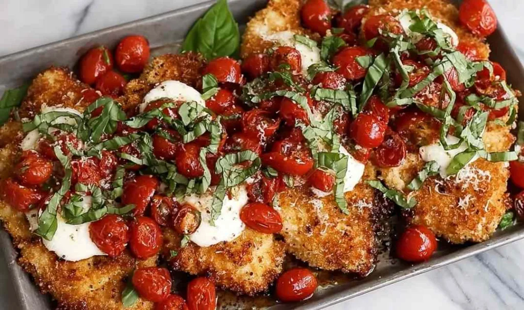 Golden crispy Parmesan Basil Chicken Cutlets on a white plate.