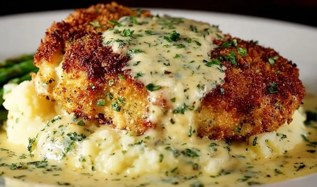 parmesan crusted chicken with creamy garlic sauce on a white plate
