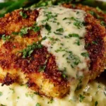 parmesan crusted chicken with creamy garlic sauce on a white plate