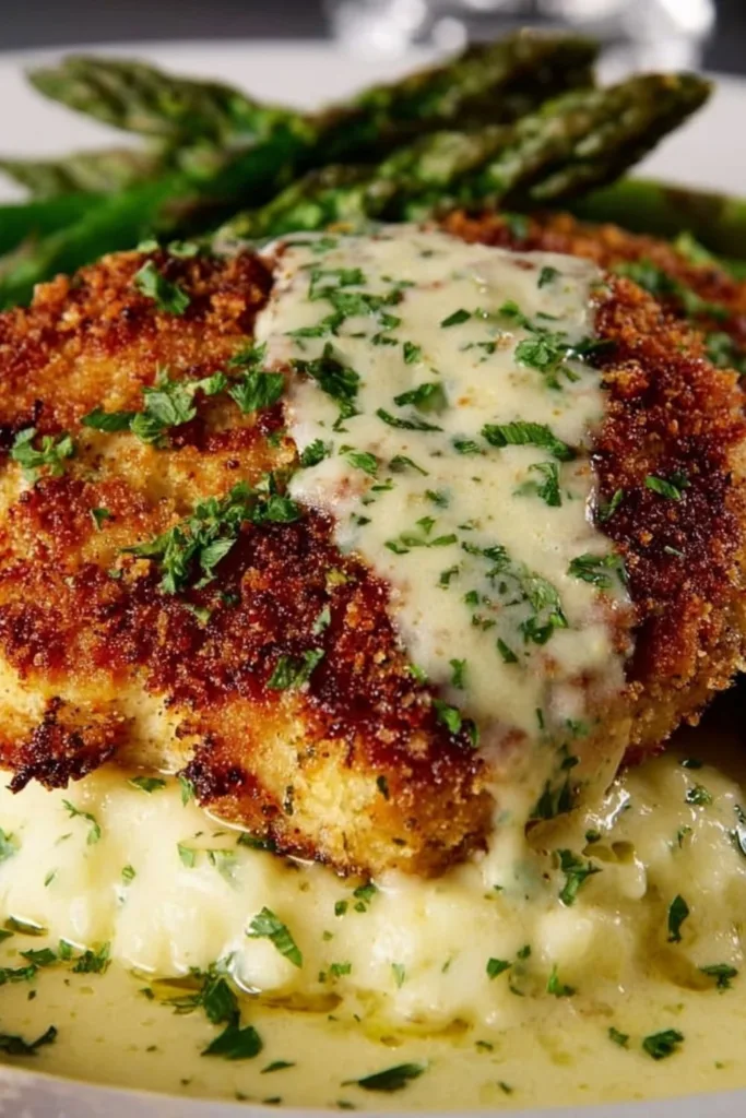 parmesan crusted chicken with creamy garlic sauce on a white plate