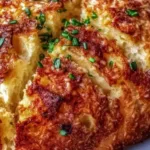 Golden Parmesan Garlic Artisan Bread loaf on a wooden cutting board