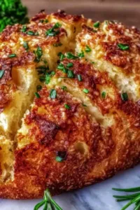 Golden Parmesan Garlic Artisan Bread loaf on a wooden cutting board