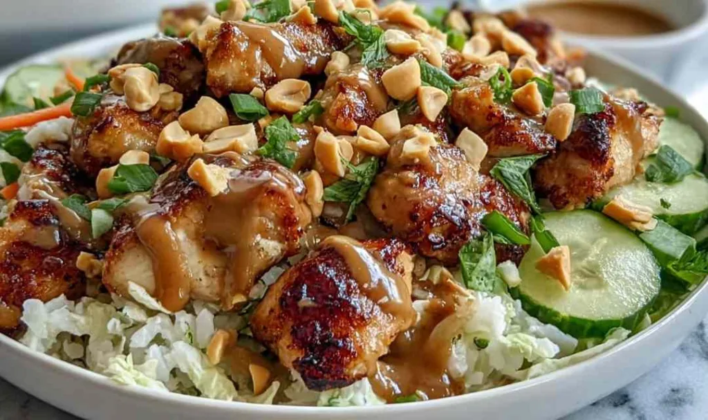 Peanut Chicken Protein Bowl with creamy peanut sauce and coconut rice on a wooden table.