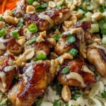 Peanut Chicken Protein Bowl with creamy peanut sauce and coconut rice on a wooden table.