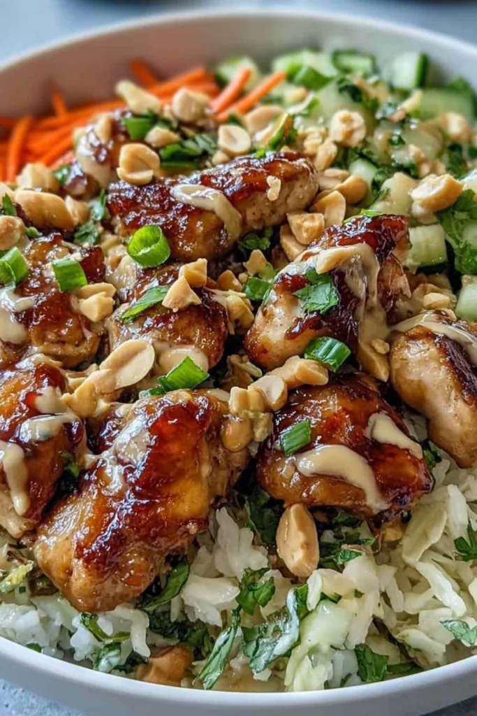Peanut Chicken Protein Bowl with creamy peanut sauce and coconut rice on a wooden table.