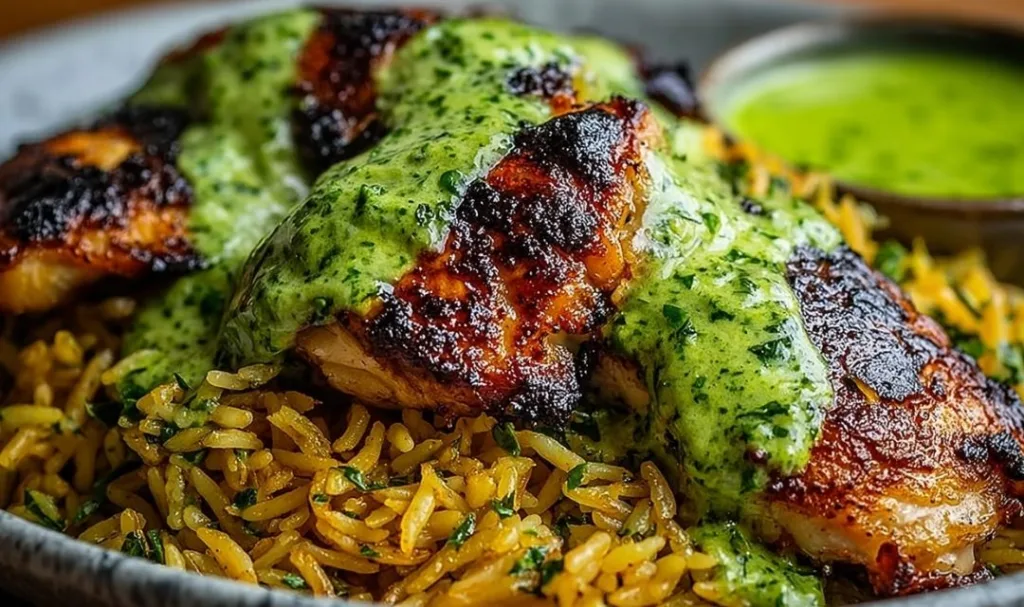 Peruvian Chicken And Rice with Green Sauce served on a white plate with creamy aji verde drizzle.