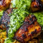 Peruvian Chicken And Rice with Green Sauce served on a white plate with creamy aji verde drizzle.