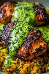 Peruvian Chicken And Rice with Green Sauce served on a white plate with creamy aji verde drizzle.