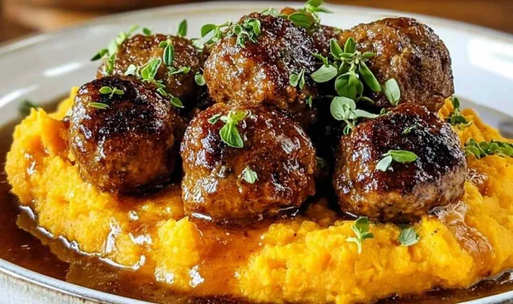 Pork meatballs with sweet potato mash drizzled with bourbon maple sauce on a white plate.