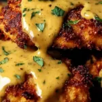 Pretzel Chicken with Mustard-Cheddar Sauce on a white plate with parsley garnish