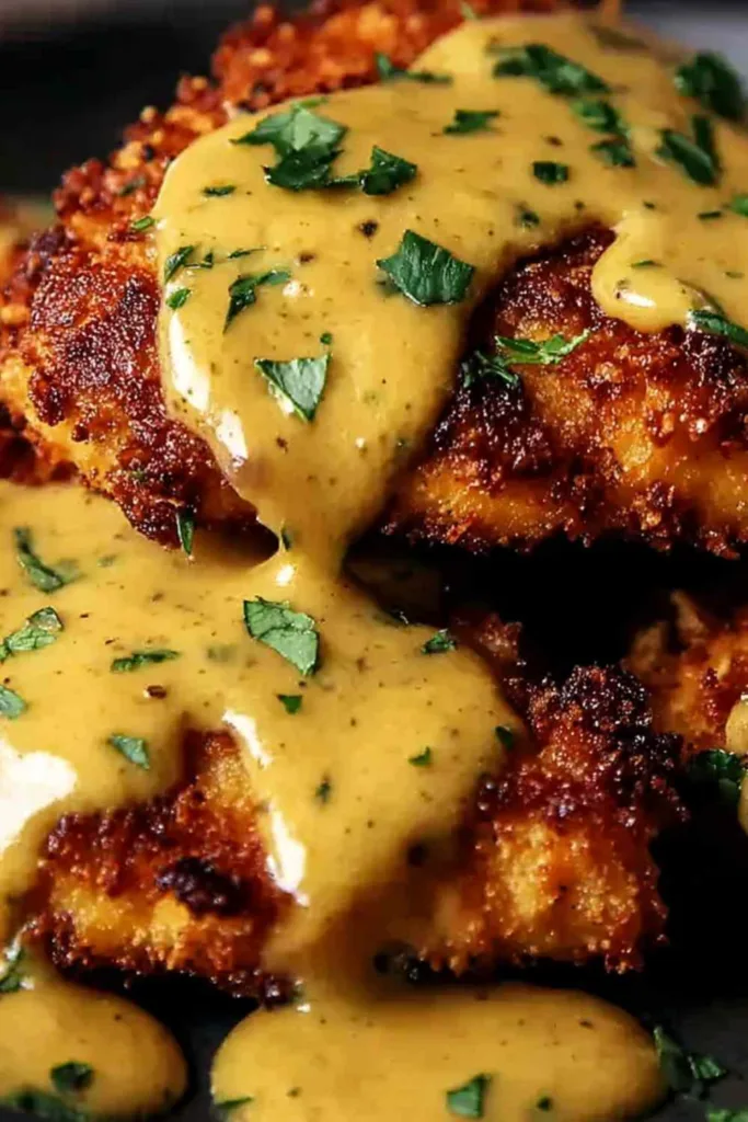 Pretzel Chicken with Mustard-Cheddar Sauce on a white plate with parsley garnish