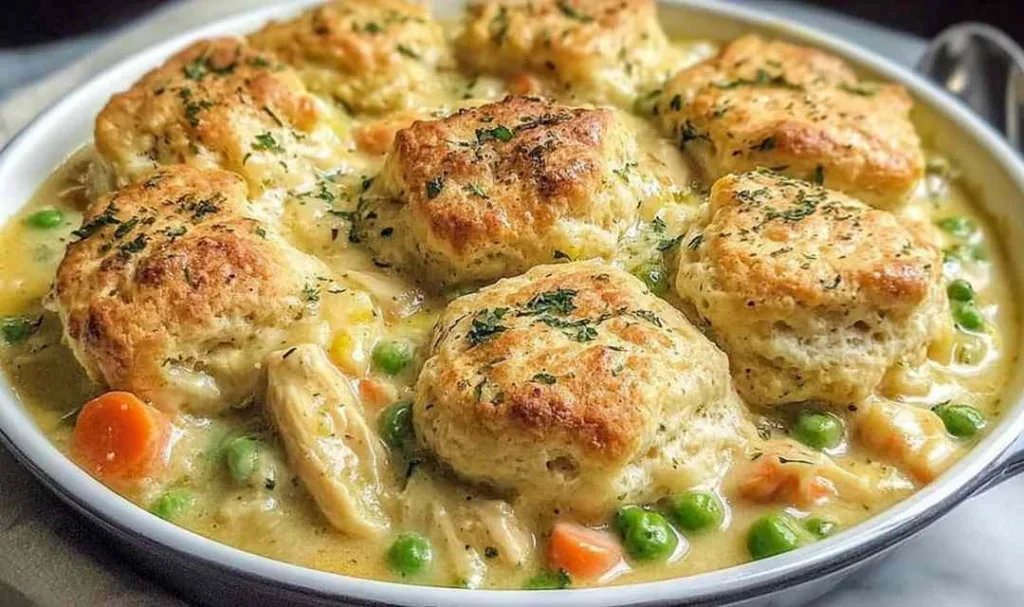 Golden brown Red Lobster Biscuit Chicken Pot Pie in a baking dish on a rustic table.