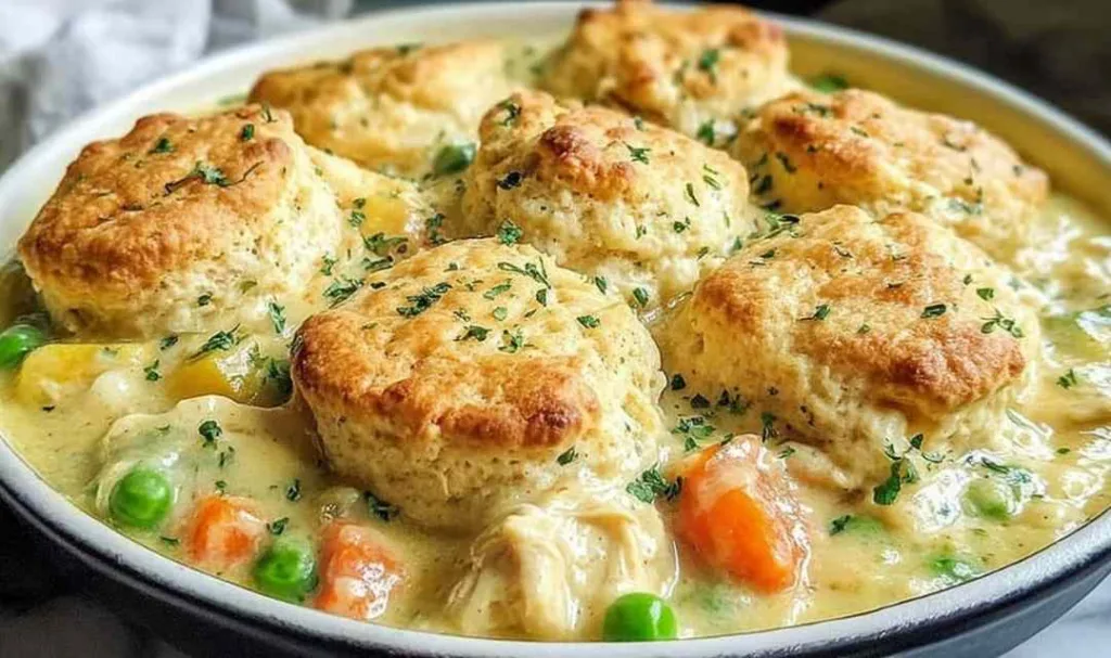 Red Lobster biscuit chicken pot pie in a baking dish with golden Cheddar Bay biscuit topping