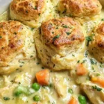Golden brown Red Lobster Biscuit Chicken Pot Pie in a baking dish on a rustic table.